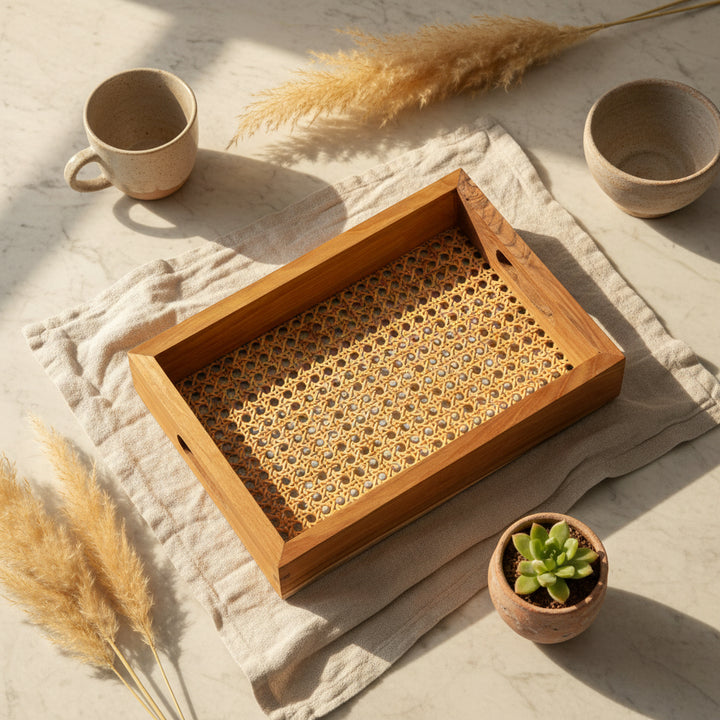 TEAK RATTAN TRAY M