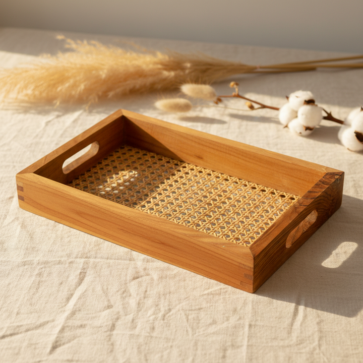 TEAK RATTAN TRAY M