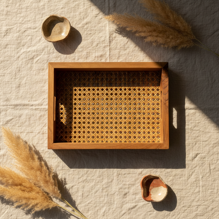 TEAK RATTAN TRAY M