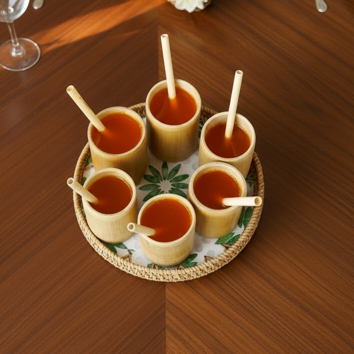 BAMBOO CUPS & SEASHELL TRAY SET of 6 (Large Cups)
