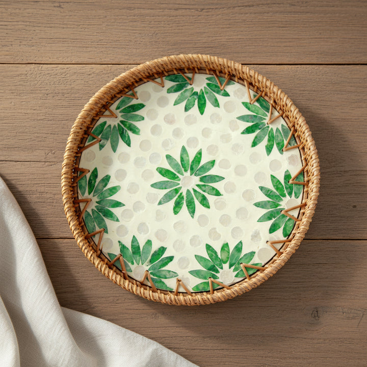 GREEN FLORAL ROUND SEASHELL TRAY