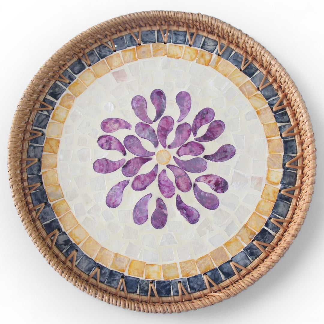 Violet Floral Round Seashell Cane Tray