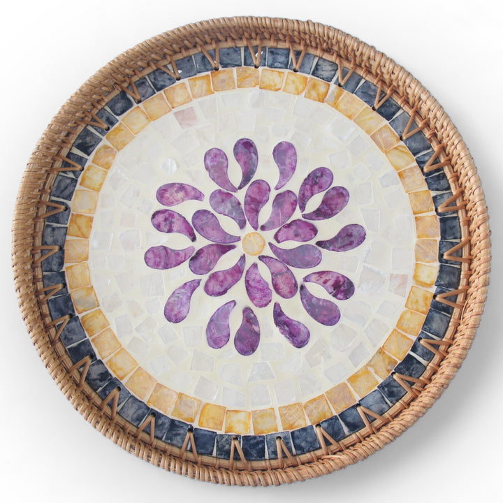 Violet Floral Round Seashell Cane Tray