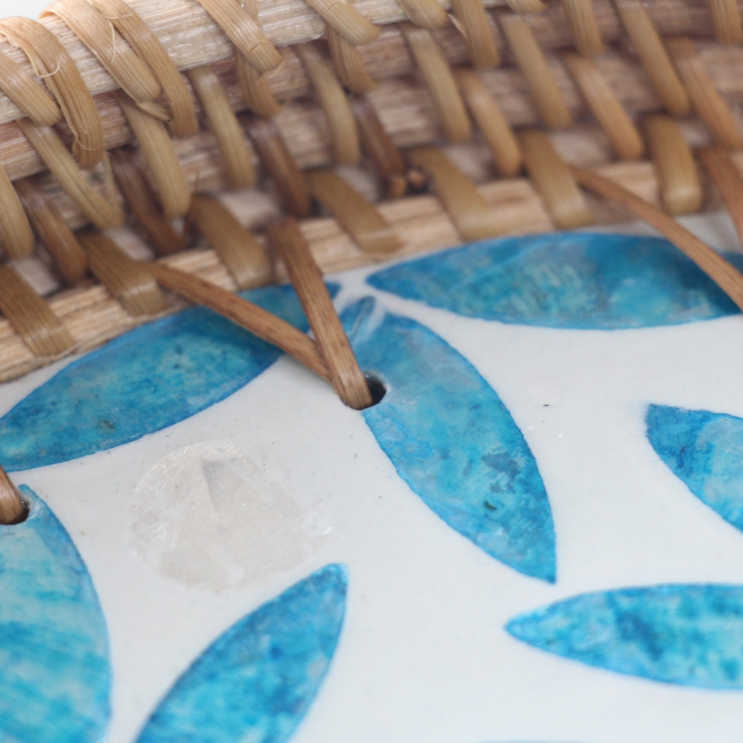 Blue Floral Round Seashell Cane Tray