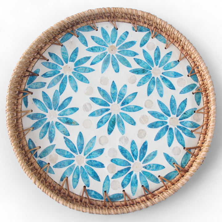 Blue Floral Round Seashell Cane Tray