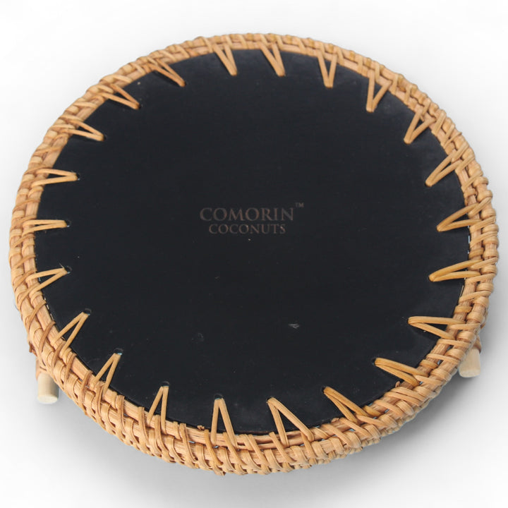 Green Floral Round Seashell Cane Tray With Handle