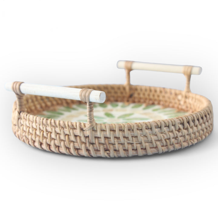 Green Floral Round Seashell Cane Tray With Handle