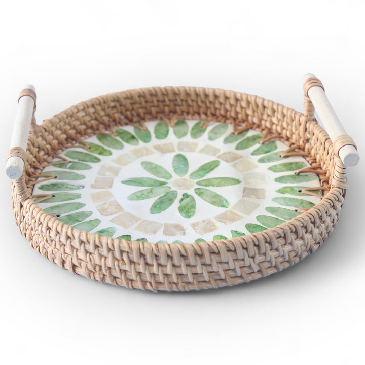 Green Floral Round Seashell Cane Tray With Handle