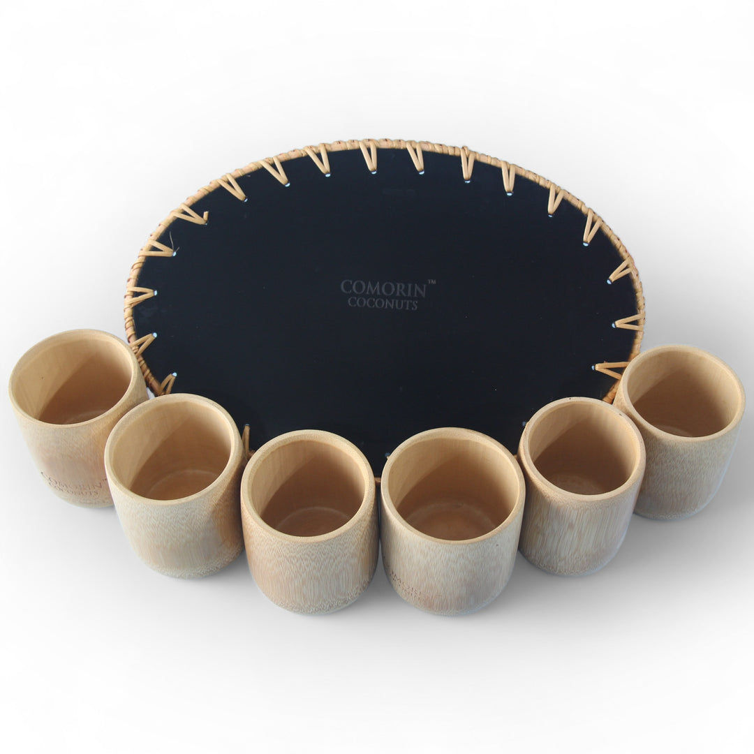Set of 6 Medium Bamboo Cups and Oval Seashell Tray