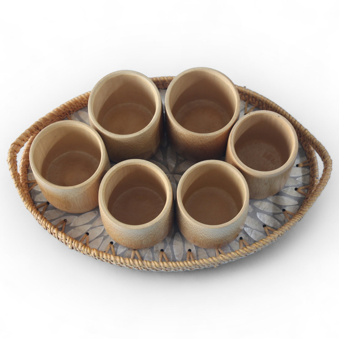 Set of 6 Medium Bamboo Cups and Oval Seashell Tray