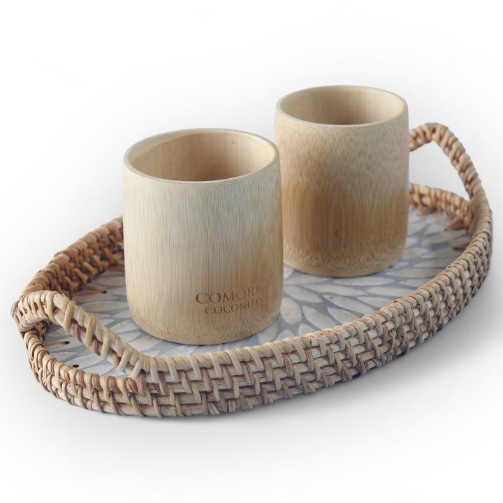 Set of 2 Medium Bamboo Cups and Small Silver Oval Seashell Tray