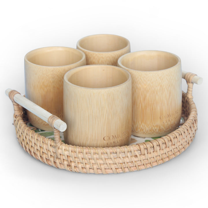 Set of 4 Medium Bamboo Cups and Round Seashell Tray With Handle