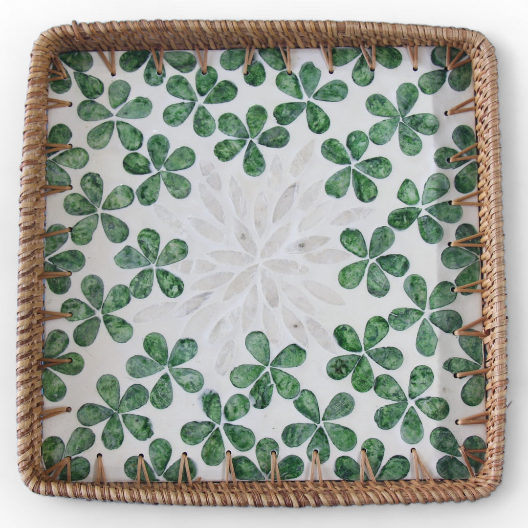 Green Floral Square Seashell Cane Tray