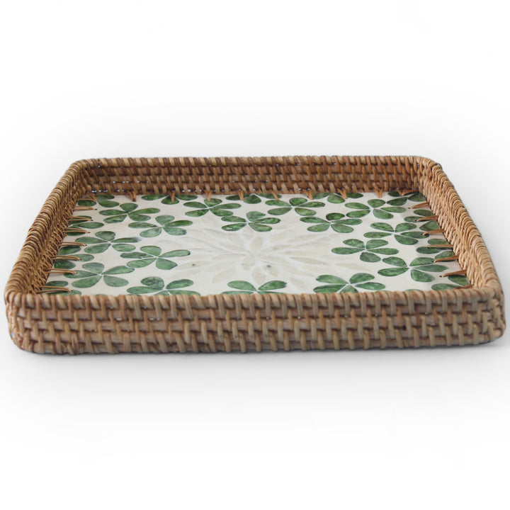 Green Floral Square Seashell Cane Tray