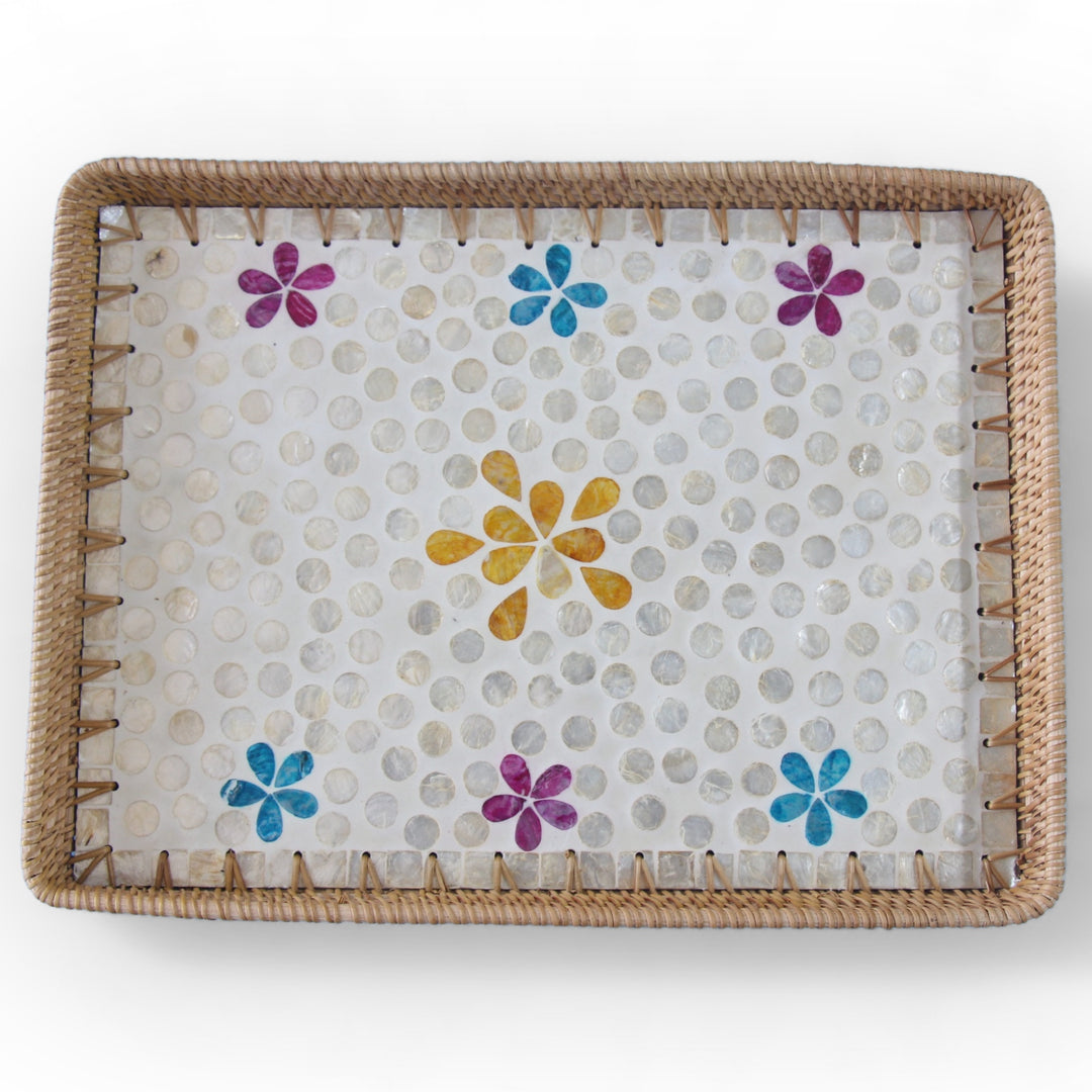 Colorful Floral Rectangle Seashell Cane Tray