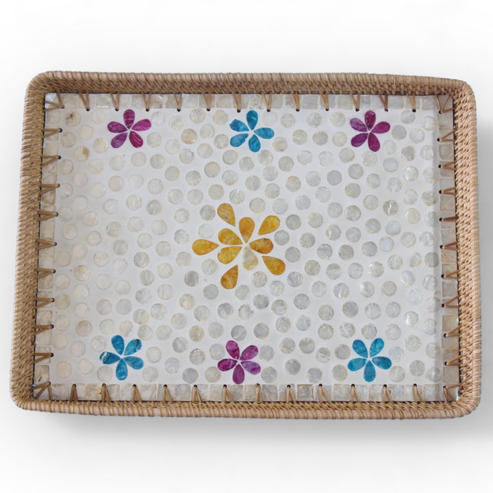 Colorful Floral Rectangle Seashell Cane Tray