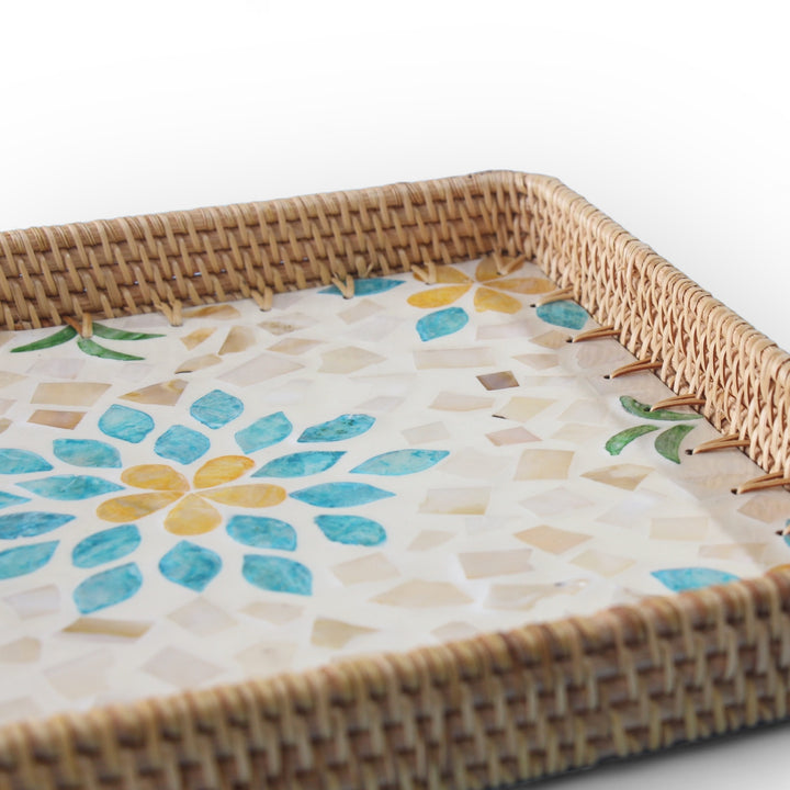 Blue Floral Square Seashell Cane Tray