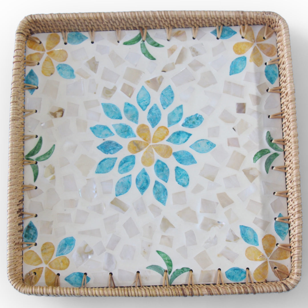Blue Floral Square Seashell Cane Tray