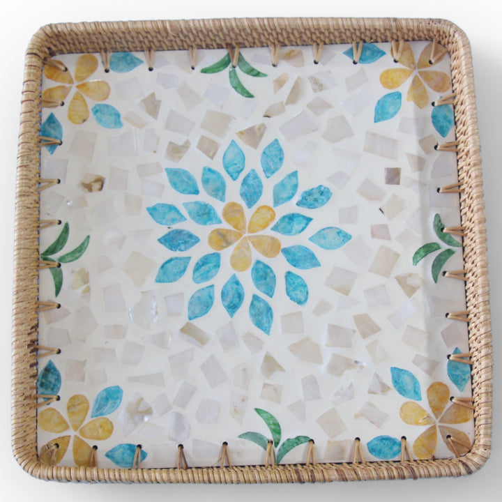 Blue Floral Square Seashell Cane Tray