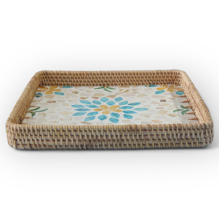 Blue Floral Square Seashell Cane Tray