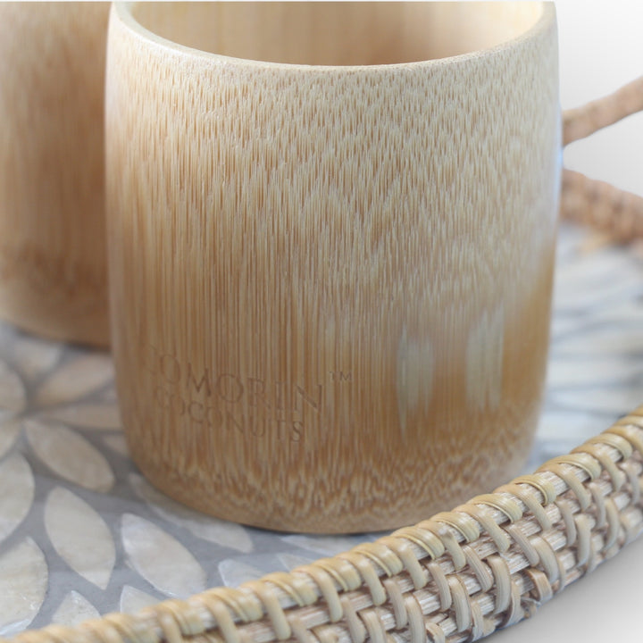 Set of 4 Medium Bamboo Cups and Oval Seashell Tray