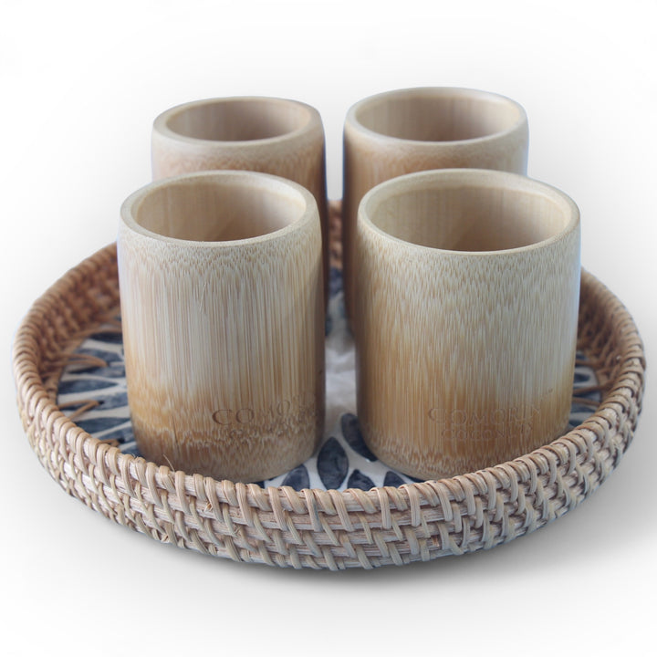 Set of 4 Medium Bamboo Cups and Round Seashell Tray
