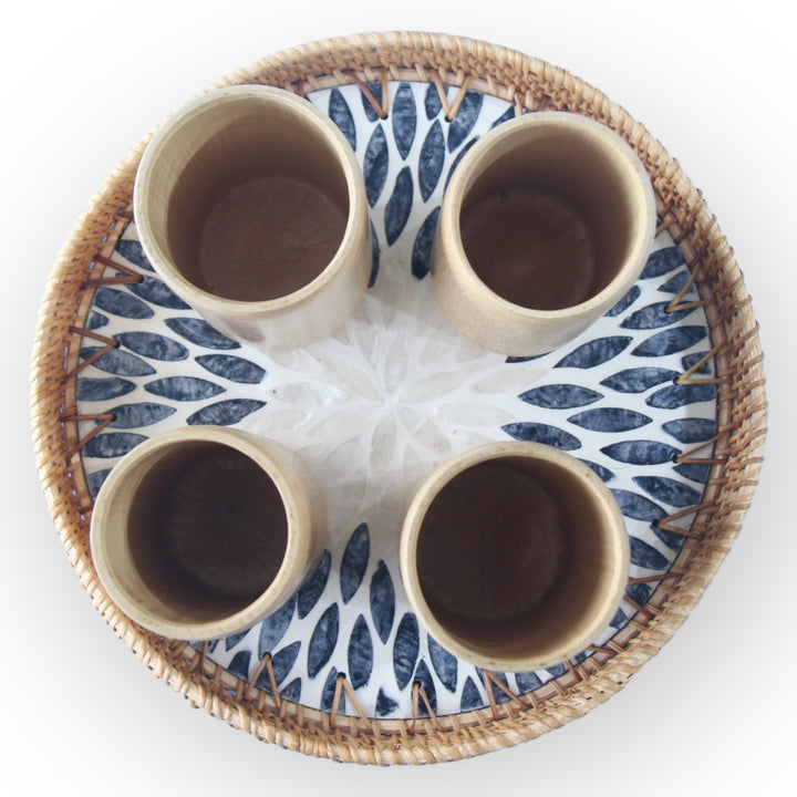 Set of 4 Medium Bamboo Cups and Round Seashell Tray