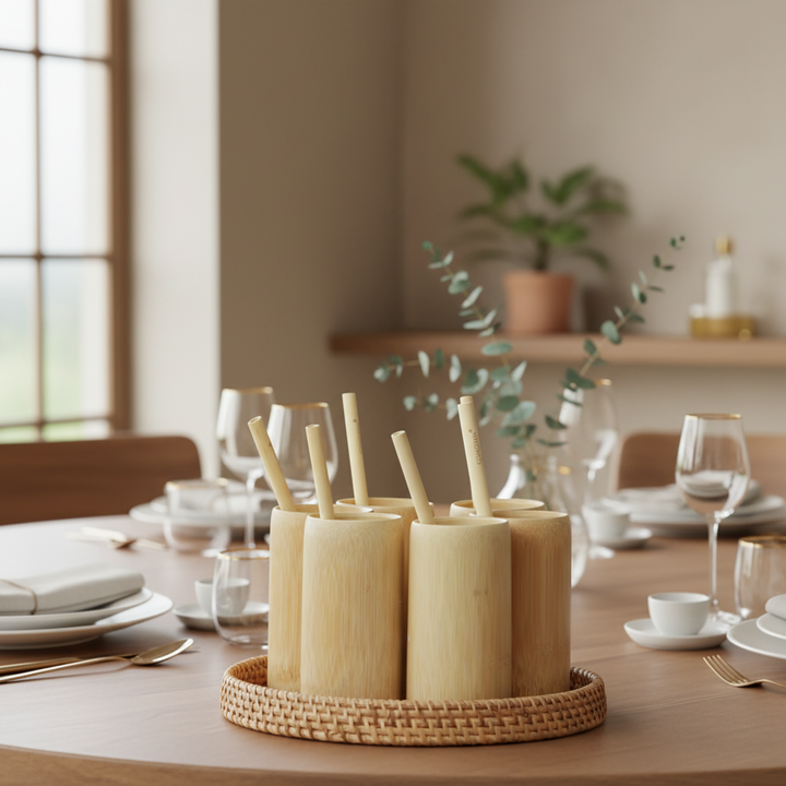 BAMBOO CUPS & SEASHELL TRAY SET of 6 (Large Cups)