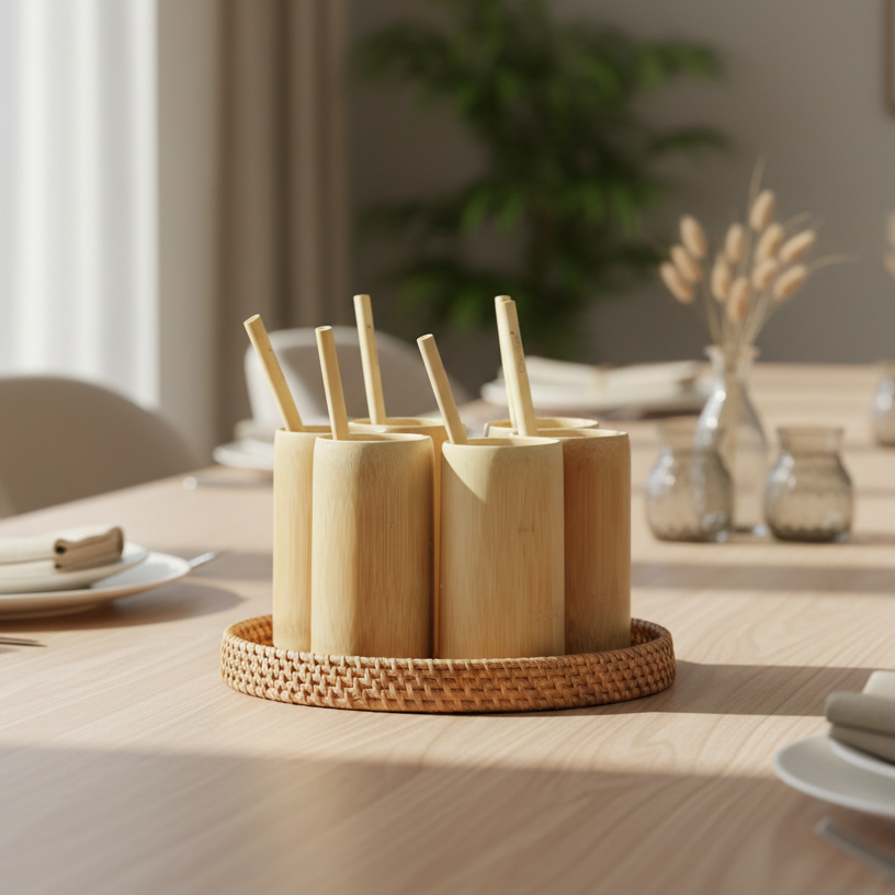 BAMBOO CUPS & SEASHELL TRAY SET of 6 (Large Cups)