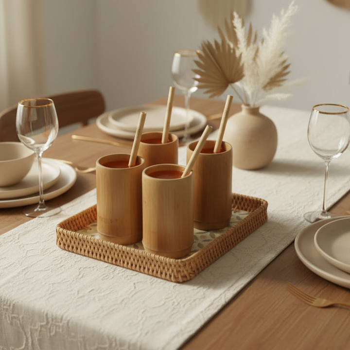 BAMBOO CUPS & SEASHELL TRAY SET of 4 (Large Cups)