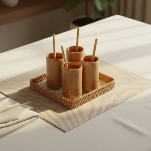 BAMBOO CUPS & SEASHELL TRAY SET of 4 (Large Cups)