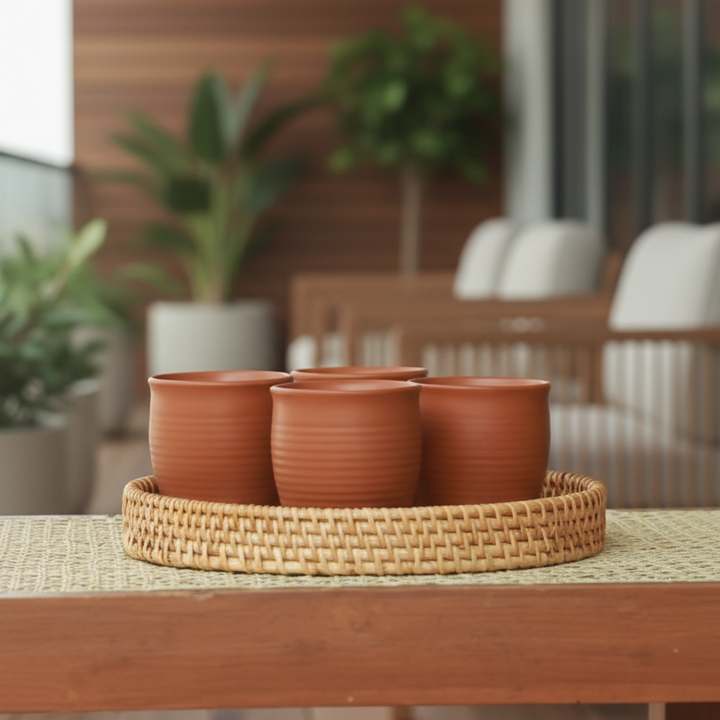 CERAMIC KULHADS & SEASHELL TRAY SET of 4