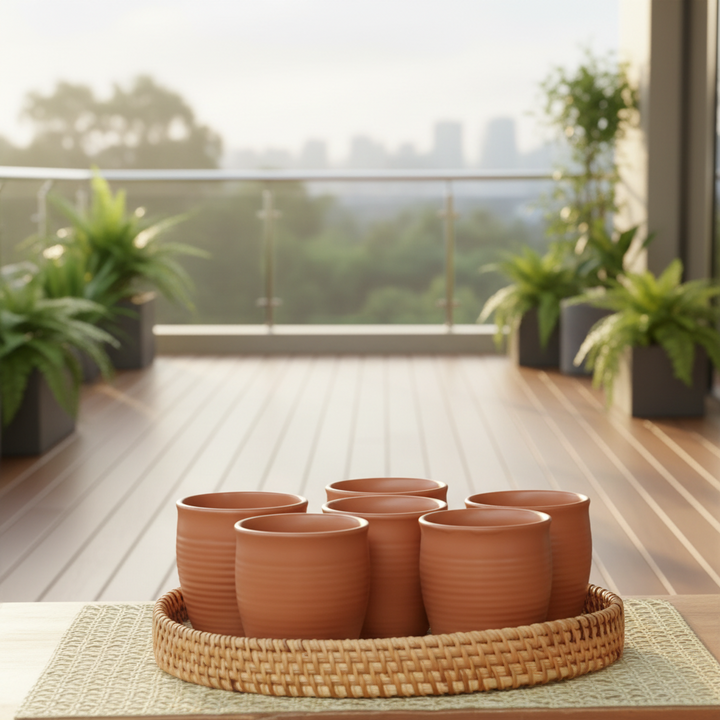 CERAMIC KULHADS & SEASHELL TRAY SET of 6