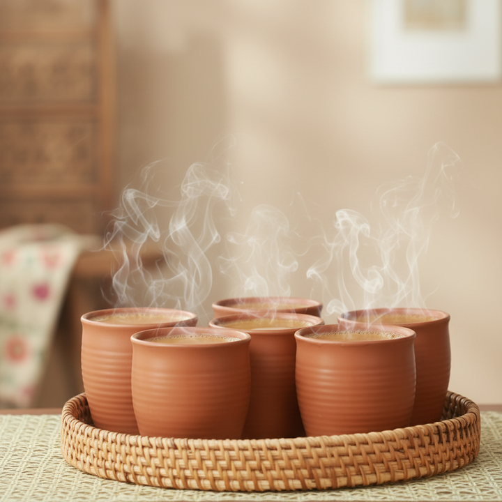 CERAMIC KULHADS & SEASHELL TRAY SET of 6