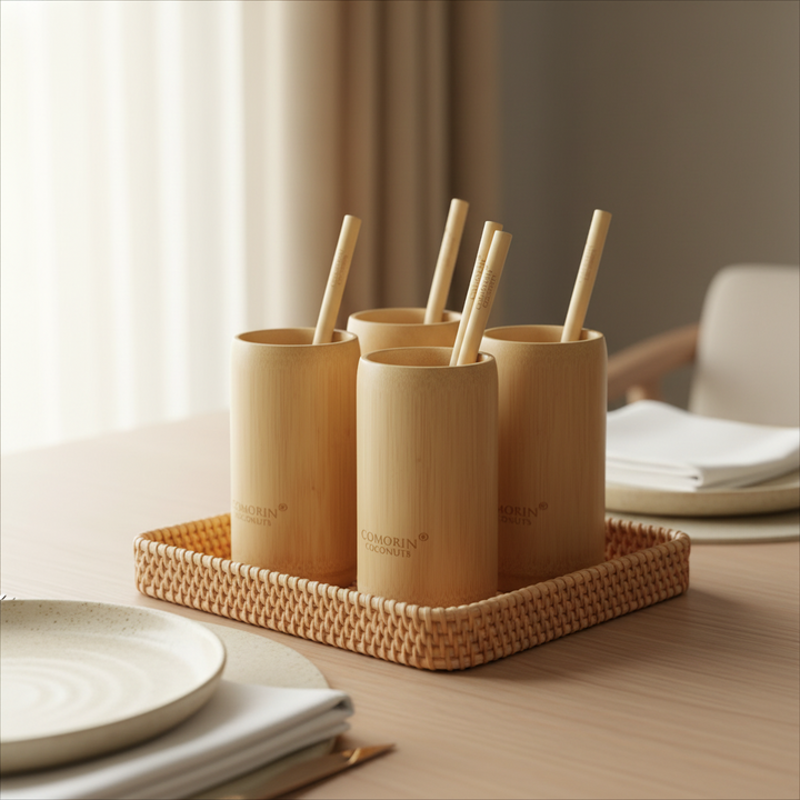 BAMBOO CUPS & SEASHELL TRAY SET of 4 (Large Cups)