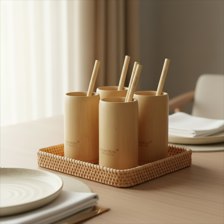 BAMBOO CUPS & SEASHELL TRAY SET of 4 (Large Cups)