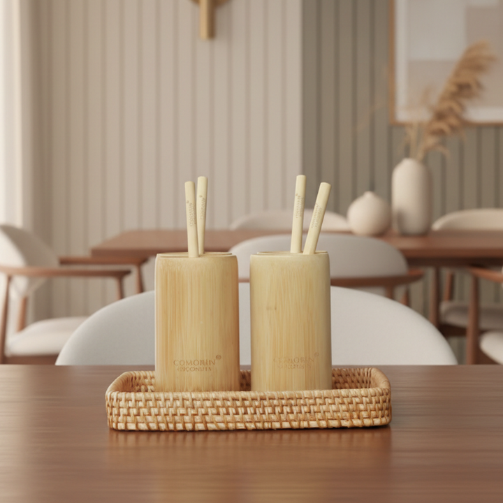 BAMBOO CUPS & SEASHELL TRAY SET of 4 (Large Cups)