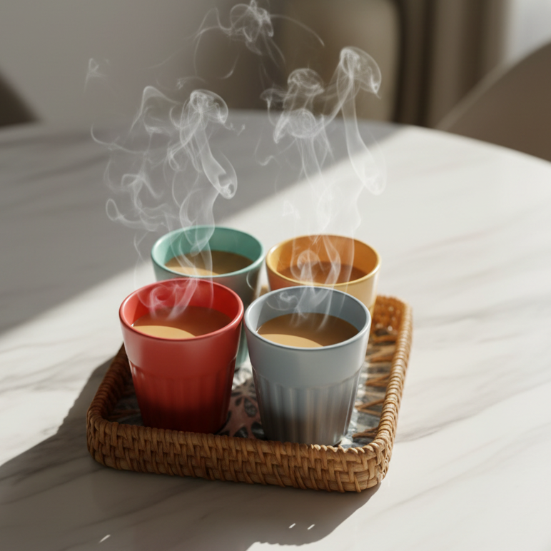 CERAMIC CUPS & SEASHELL TRAY SET of 4