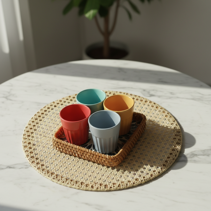 CERAMIC CUPS & SEASHELL TRAY SET of 4