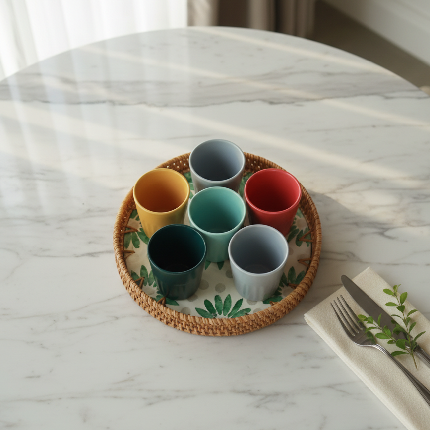 CERAMIC CUPS & SEASHELL TRAY SET of 6