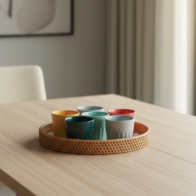 CERAMIC CUPS & SEASHELL TRAY SET of 6