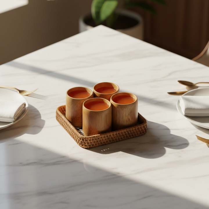 BAMBOO CUPS & SEASHELL TRAY SET of 4 (Medium Cups)