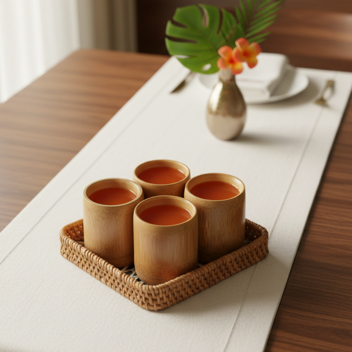 BAMBOO CUPS & SEASHELL TRAY SET of 4 (Medium Cups)