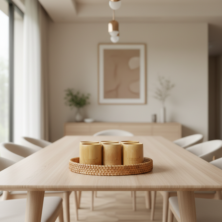 BAMBOO CUPS & SEASHELL TRAY SET of 6 (Medium Cups)