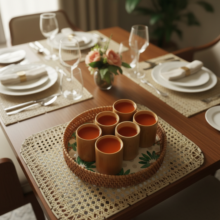 BAMBOO CUPS & SEASHELL TRAY SET of 6 (Medium Cups)