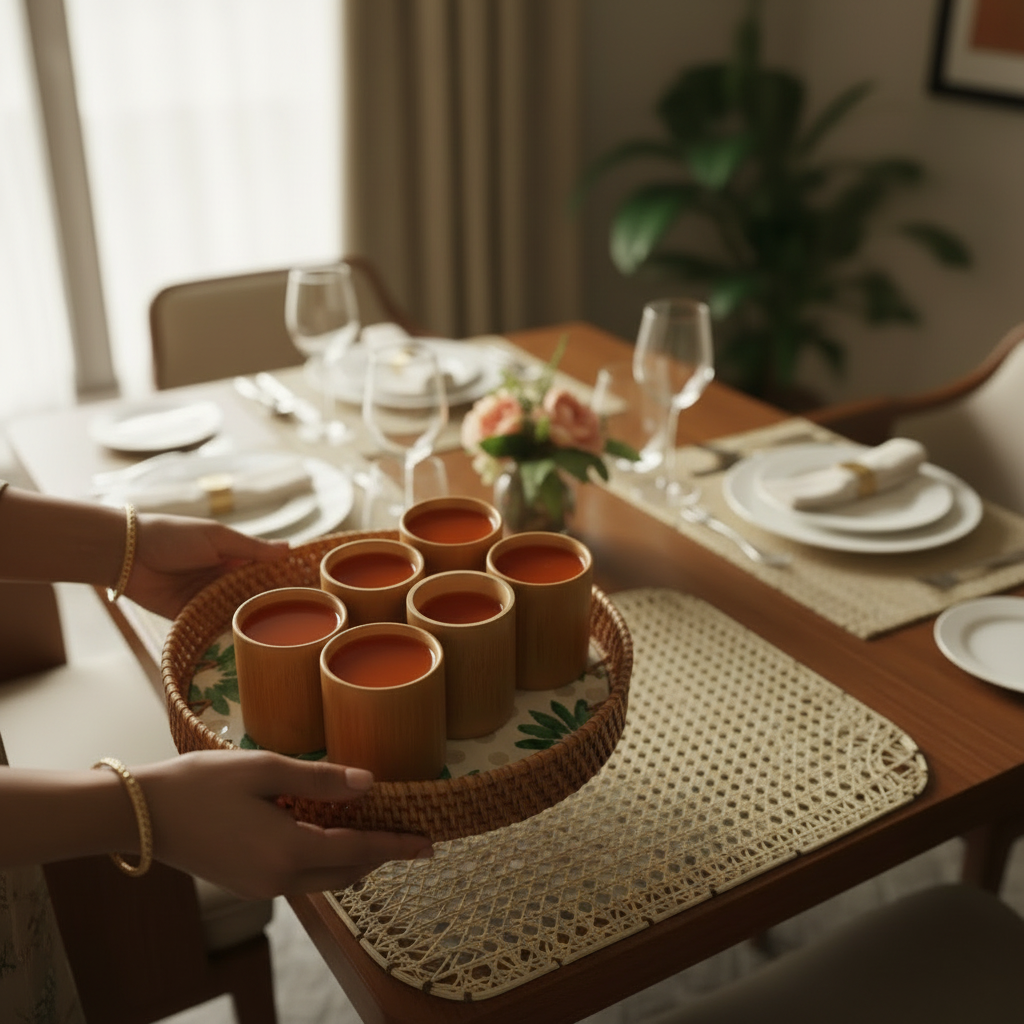 BAMBOO CUPS & SEASHELL TRAY SET of 6 (Medium Cups)