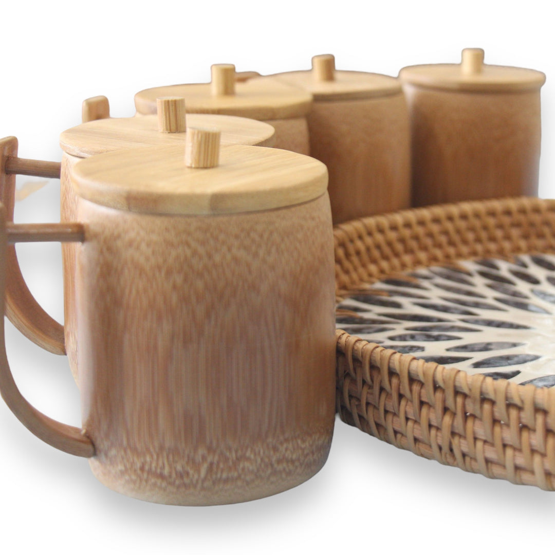 Set of 5 Bamboo Cup with Lid and Seashell Tray