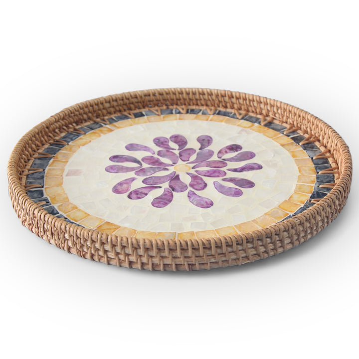 Violet Floral Round Seashell Cane Tray