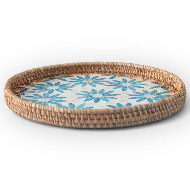 Blue Floral Round Seashell Cane Tray