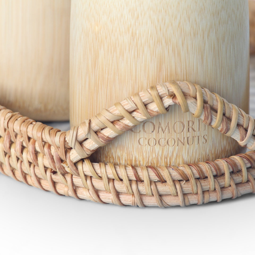 Set of 2 Medium Bamboo Cups and Small Silver Oval Seashell Tray